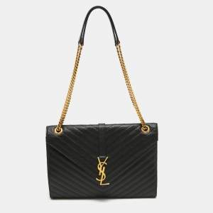 Saint Laurent Black Matelassé Leather Large Monogram Envelope Shoulder Bag