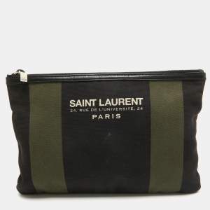 Saint Laurent Black/Green Stripe Canvas Zip Pouch