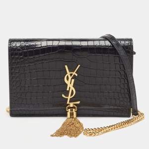 Saint Laurent Black Croc Embossed Leather Kate Tassel Chain Wallet