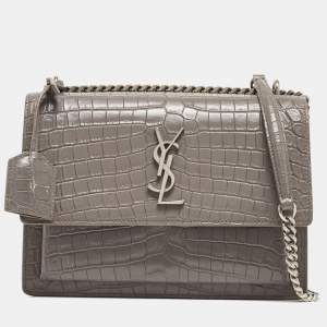 Saint Laurent Grey Croc Embossed Leather Medium Sunset Bag