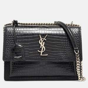 Saint Laurent Black Croc Embossed Leather Medium Sunset Bag
