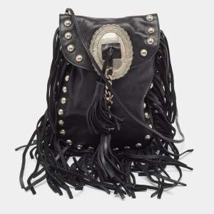 Pre Owned Saint Laurent Black Leather Anita Fringed Shoulder Bag
