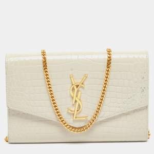 Saint Laurent Cream Croc Embossed Leather Uptown Wallet on Chain