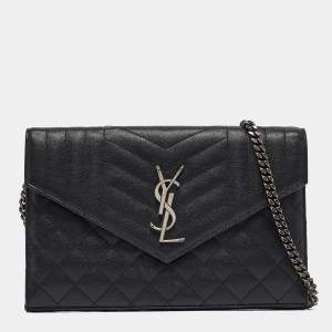 Saint Laurent Black Mix Matelassé Leather Monogram Envelope Wallet on Chain