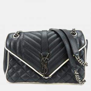 Saint Laurent Paris Black Leather Medium Monogram Triquilt Matelassé Envelope Bag