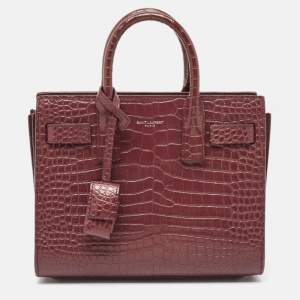 Saint Laurent Burgundy Croc Embossed Leather Nano Classic Sac De Jour Tote