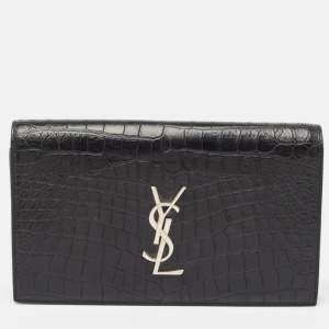 Saint Laurent Black Croc Embossed Leather Monogram Kate Clutch