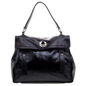 Pre Owned Yves Saint Laurent Black Patent Leather/Python and Suede Muse Two Satchel