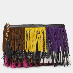 Saint Laurent Multicolor Leather and Suede Fringed Zip Clutch