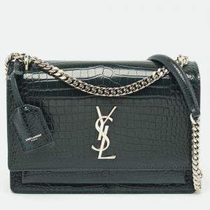 Saint Laurent Dark Green Croc Embossed Leather Medium Sunset Shoulder Bag