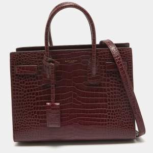 Saint Laurent Dark Red Croc Embossed Leather Baby Classic Sac De Jour Tote