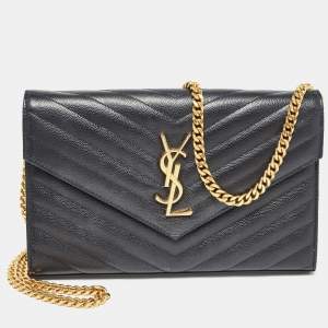 Saint Laurent Black Matelassé Leather Cassandre Wallet on Chain