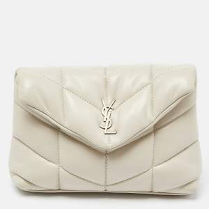 Saint Laurent Off White Leather Loulou Monogram Puffer Pouch