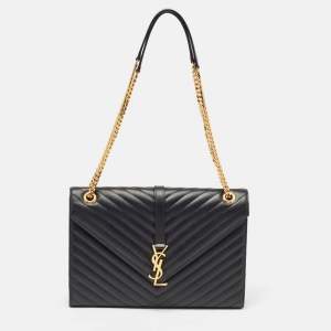 Saint Laurent Black Matelassé Leather Large Monogram Envelope Shoulder Bag