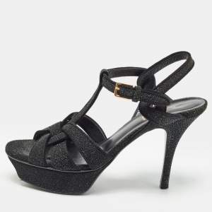 Saint Laurent Black Glitter Suede Tribute Sandals Size 36.5