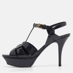 Pre Owned Saint Laurent Navy Blue Patent Leather Tribute Sandals Size 38