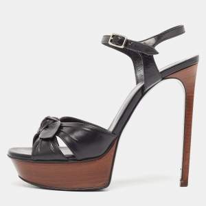 Saint Laurent Black Leather Bow Platform Ankle Strap Sandals Size 37