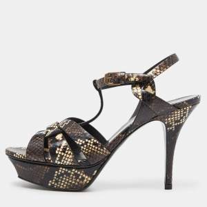 Saint Laurent Brown Python Embossed Leather Tribute Ankle Strap Sandals Size 39