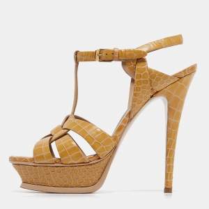 Saint Laurent Brown Croc Embossed Tribute Sandals Size 38.5