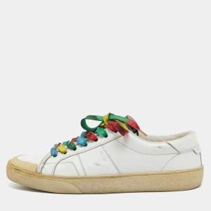 Saint Laurent White Leather Lace Up Sneakers Size 37.5