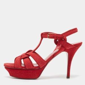 Saint Laurent Red Crystal Suede Tribute  Ankle Strap Sandals Size 38