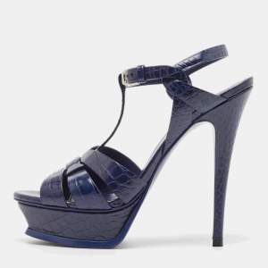 Saint Laurent Paris Navy Blue Croc Embossed Leather Tribute Platform Ankle Strap Sandals Size 38.5