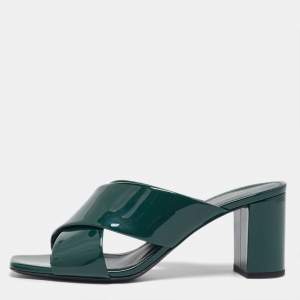 Saint Laurent Green Patent Leather Loulou Slide Sandals Size 39