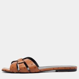 Saint Laurent Brown Ostrich Tribute Flat Slides Size 40