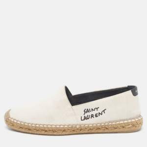 Saint Laurent Paris Beige Canvas Embroidered Slip On Espadrille Loafers 39