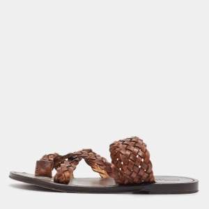 Saint Laurent Brown Braided Leather Neil Flat Slides Size 37