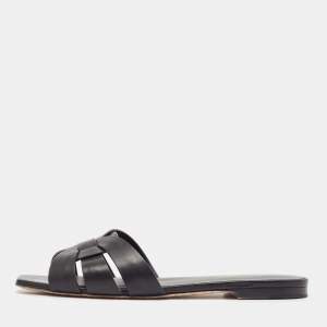 Saint Laurent Black Leather Tribute Flat Sandals Size 38.5
