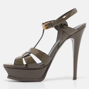 Saint Laurent Grey Patent Leather Tribute Platform Sandals 38.5