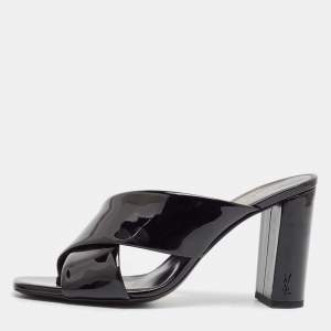 Saint Laurent Black Patent Leather Loulou Ankle Strap Sandals Size 38.5