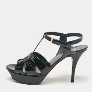 Saint Laurent Black Patent Leather Tribute Ankle Strap Sandals Size 38.5