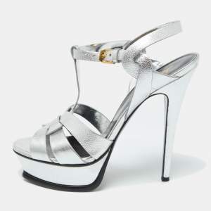 Saint Laurent Silver Leather Tribute Platform Sandals Size 38