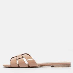 مملوكة مسبقًا Saint Laurent Beige Patent Leather Tribute Flat Sandals Size 38
