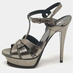 Saint Laurent Metallic Leather Tribute Ankle Strap Sandals Size 38