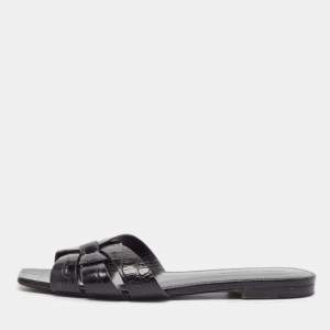 Saint Laurent Black Croc Embossed Leather Tribute Flat Slides Size 37.5