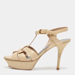 Saint Laurent Beige Patent Leather Tribute Sandals Size 36