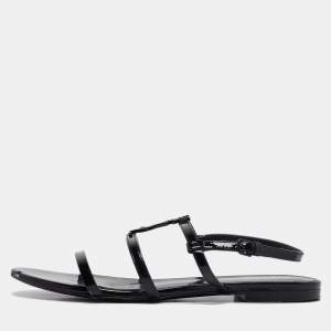 Saint Laurent Black Patent Leather Cassandra Flat Sandals Size 38