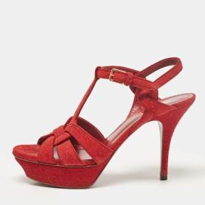 Pre Owned Saint Laurent Red Glitter and Suede Tribute Platform Sandals Size 38