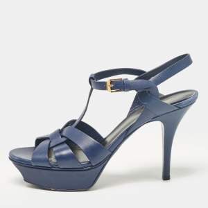 مملوكة مسبقًا Saint Laurent Navy Blue Leather Tribute Sandals Size 38