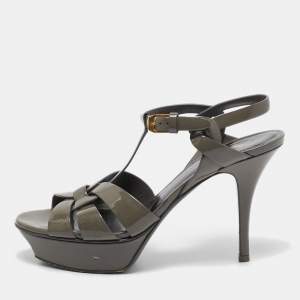 Saint Laurent Grey Patent Leather Tribute Sandals Size 38