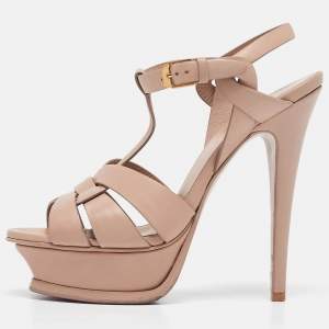 Saint Laurent Beige Leather Tribute Platform Sandals Size 35