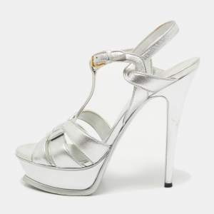 Pre Owned Saint Laurent Silver Leather Tribute Platform Sandals Size 39.5