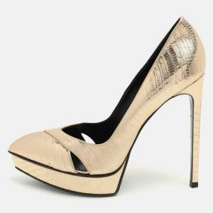 Saint Laurent Gold Lizard Embossed Leather Platform Pumps Size 39