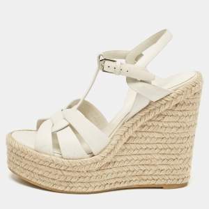 Saint Laurent White Leather Tribute Wedge Sandals Size 39