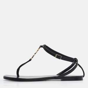 Saint Laurent Black Leather Monogram T Strap Flats Size 36.5