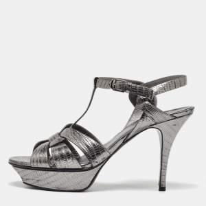 Saint Laurent Grey Lizard Embossed Leather Tribute Platform Sandals Size 40