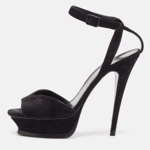 Saint Laurent Black Suede Ankle Strap Platform Sandals Size 37.5
